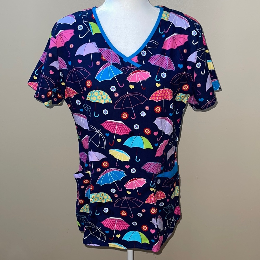 White Cross Scrub Top Colorful Umbrellas